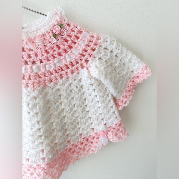 Vintage - Knit Baby Sweater - Lace & Rosette Details - Pink & White - Size 0-3m - Picture 2 of 6